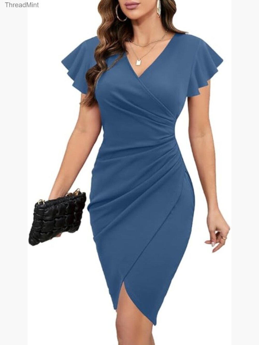 Slim Fit Bodycon Cocktail Dress with Ruffle Sleeves and V Neck Wrap